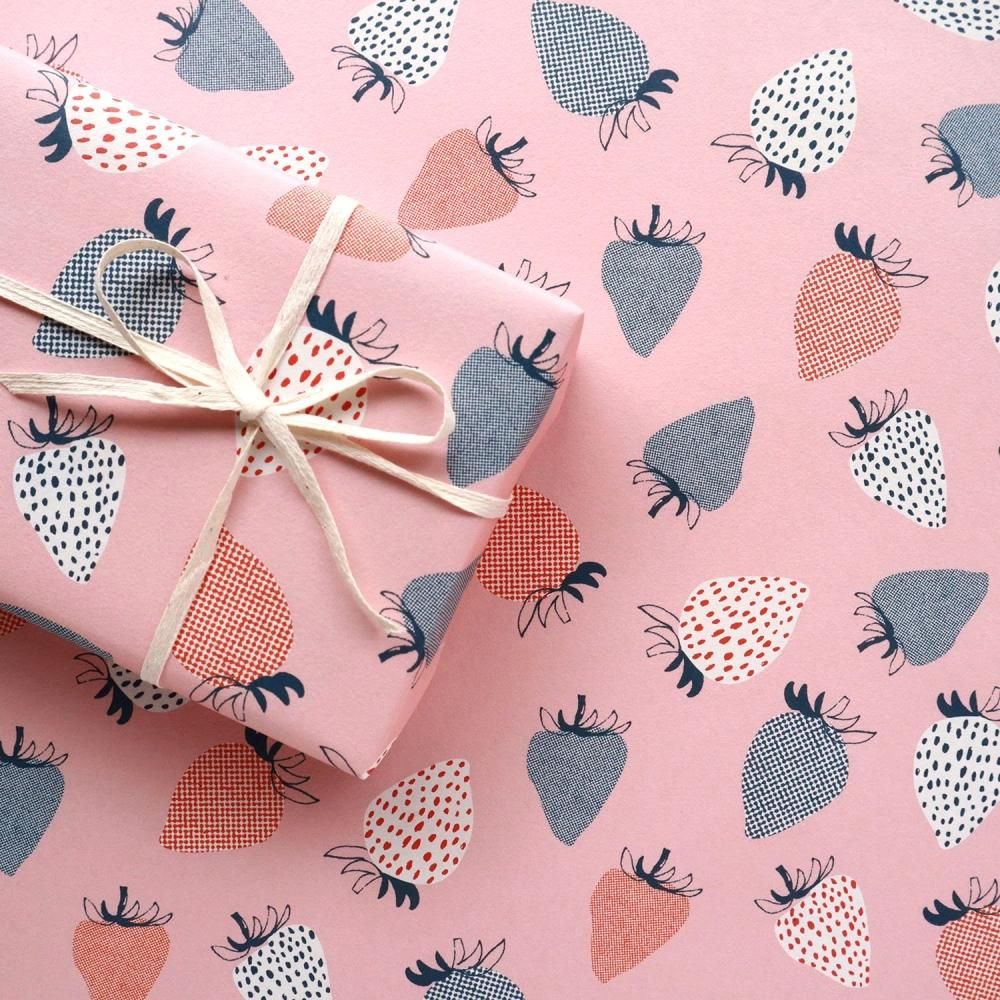 イチゴ柄 ピンク ラッピングペーパー/包装紙 5枚 - おしゃれな海外包装