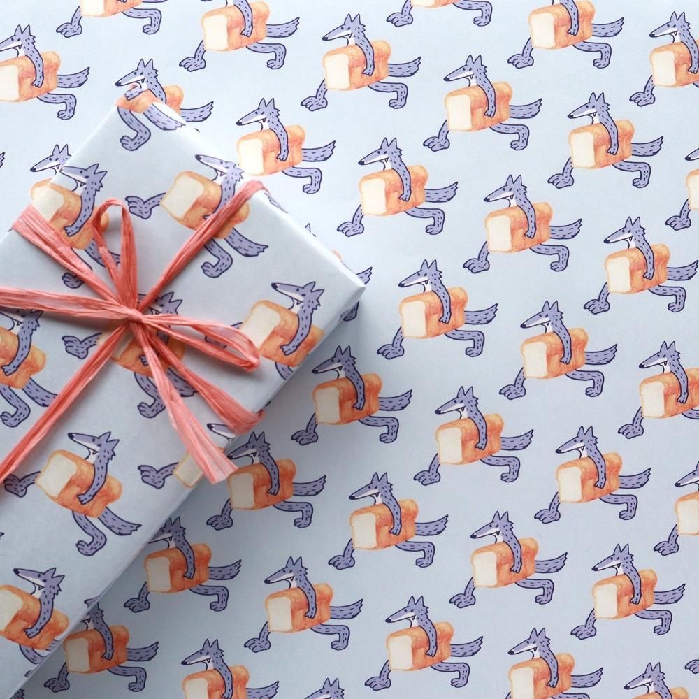 食パン運ぶオオカミ柄 ラッピングペーパー/包装紙 5枚 - おしゃれな