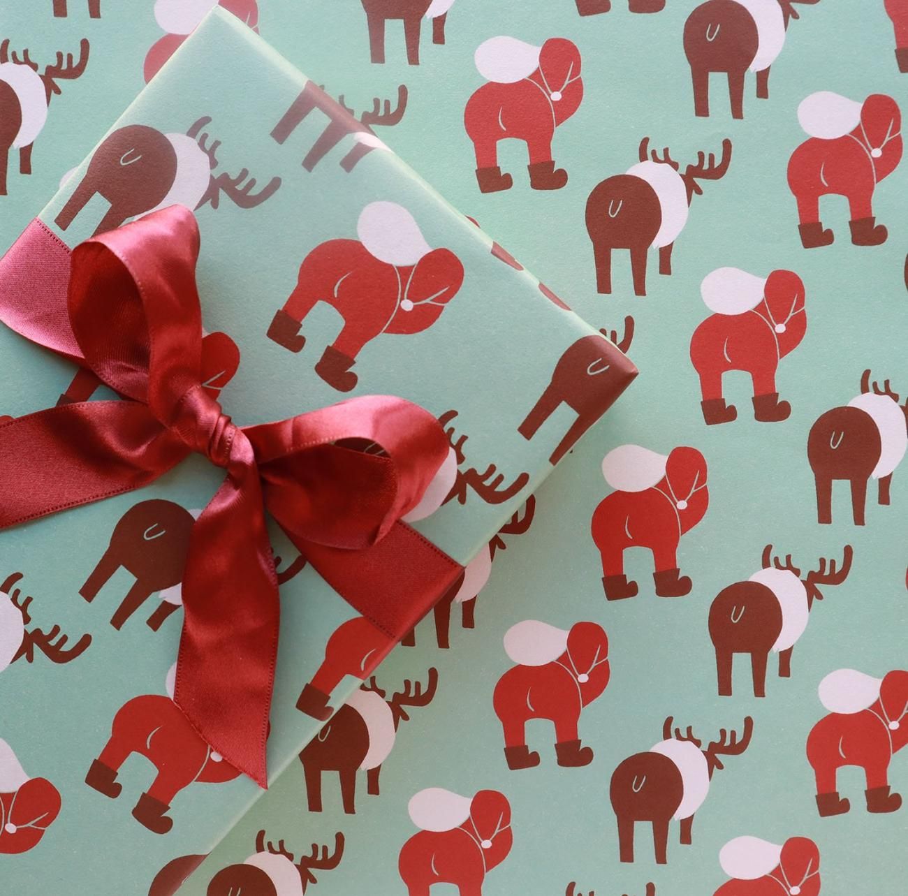 サンタヒップ柄／ミント ラッピングペーパー/包装紙 5枚 - おしゃれな