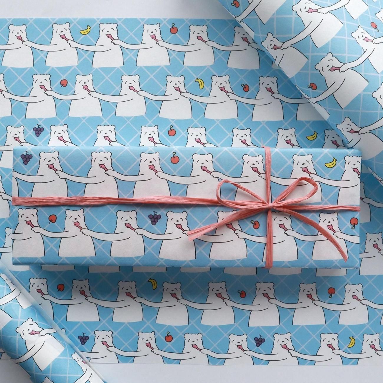 海外 韓国 大量 ラッピングペーパー 500柄 1000枚セット yumyumベアー柄／ブルー ラッピングペーパー/包装紙 5枚 - おしゃれな