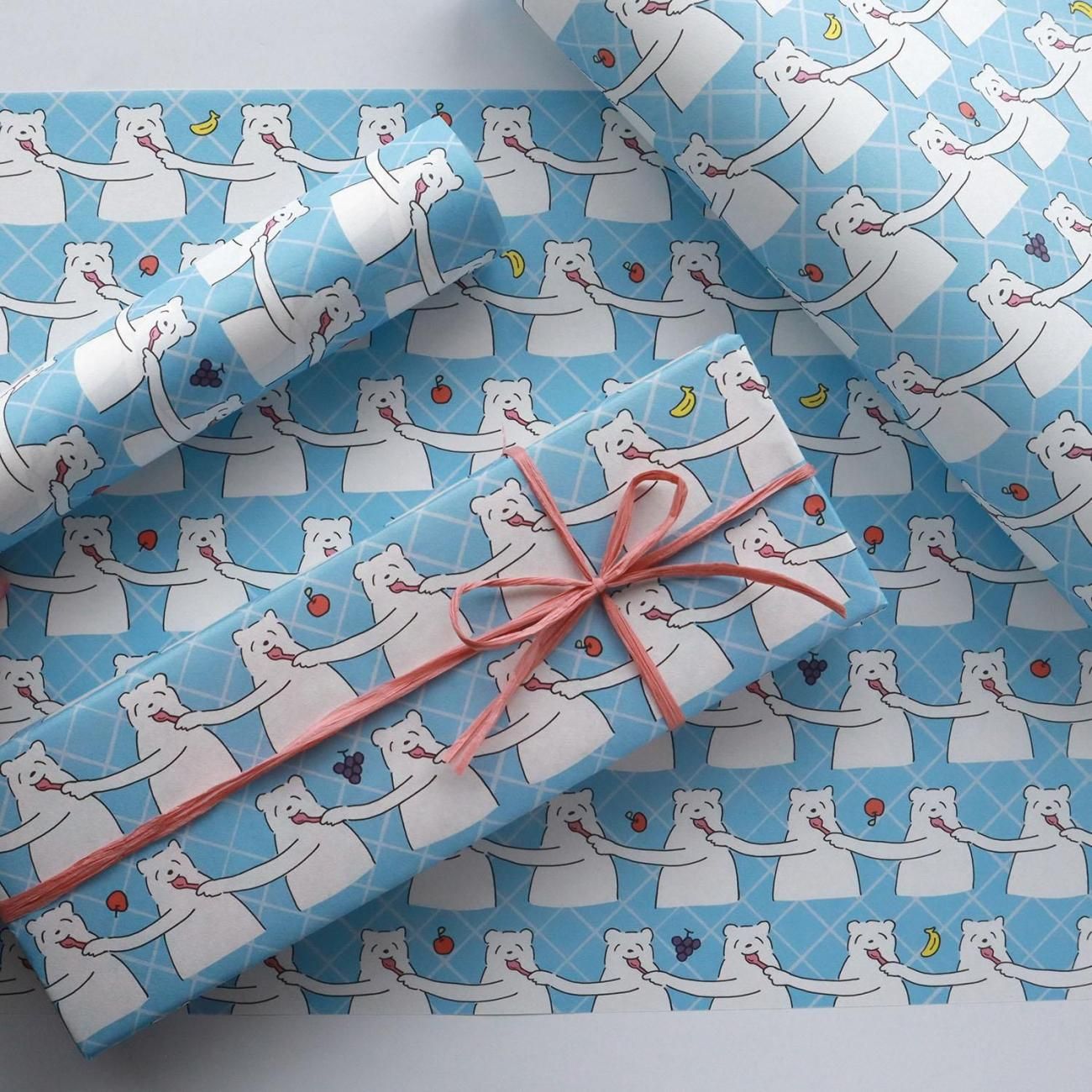 yumyumベアー柄／ブルー ラッピングペーパー/包装紙 5枚 - おしゃれな