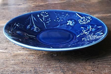 ト34 ヨルノアオ 花図鑑の深皿（貫入/釉ヒビあり） - 益子焼の
