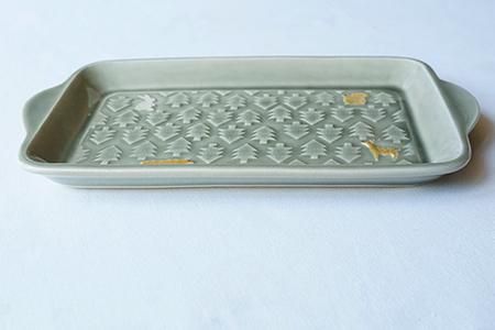 ウ29 フォレストグリーン 森と動物たちのサンドイッチ皿（貫入/釉