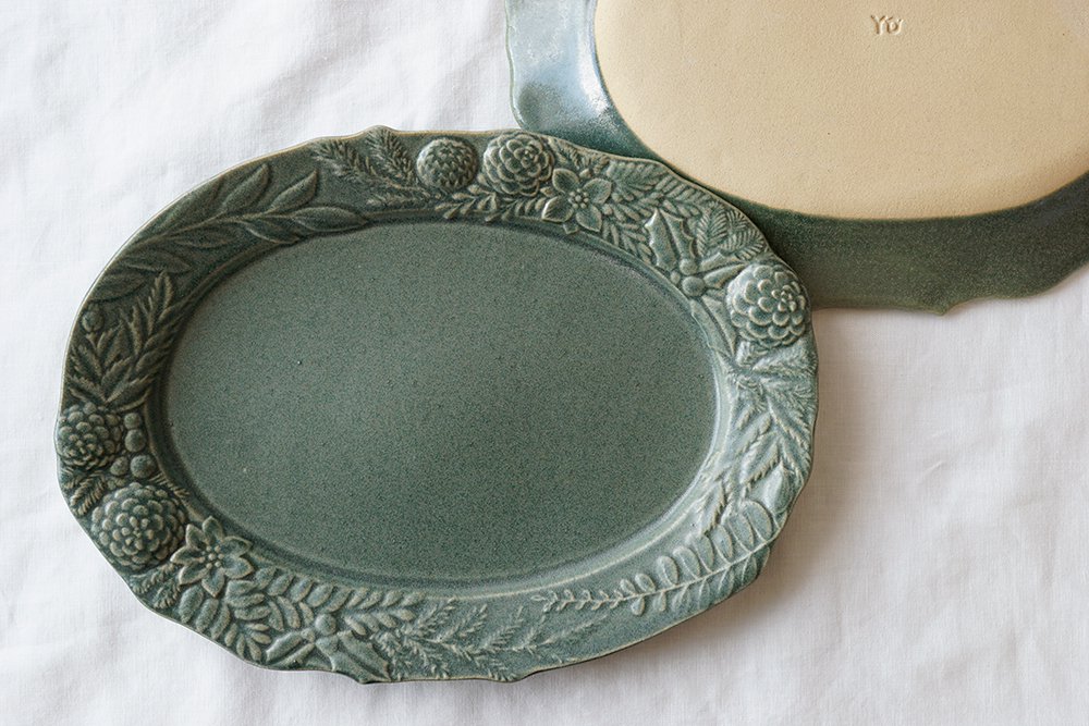 ワ１２ 銅緑釉 クリスマスリース皿 - 益子焼の小さな窯元「よしざわ窯」- 生活陶器「onthetable」