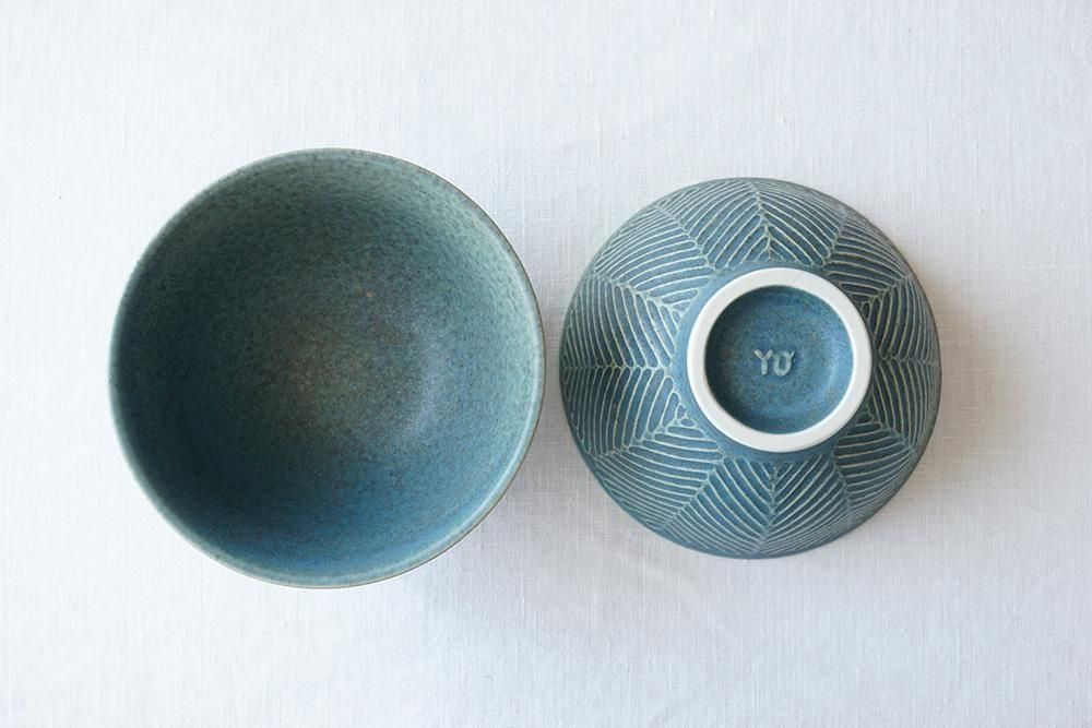 割れ、カケなし 中国清代末 南方窯の素朴な手描き絵付の皿 茶席の菓子皿にいい ユ19 青錆釉 大きなしのぎ飯碗 斜 - 益子焼の小さな窯元