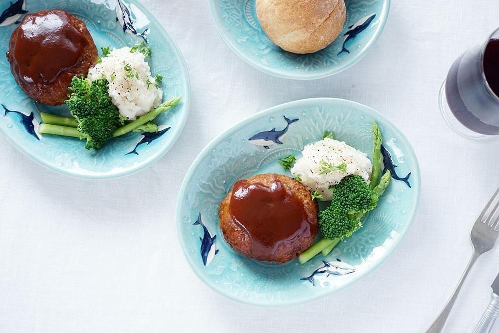 ア5 レイクグリーン くじらと珊瑚の楕円鉢（貫入/釉ヒビあり） - 益子