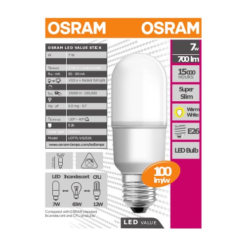 OSRAM LED電球 Value Stick 電力7W 温白色 E26口金 対応電圧100V～240V 色温度2700K LDT7L-VS/E26