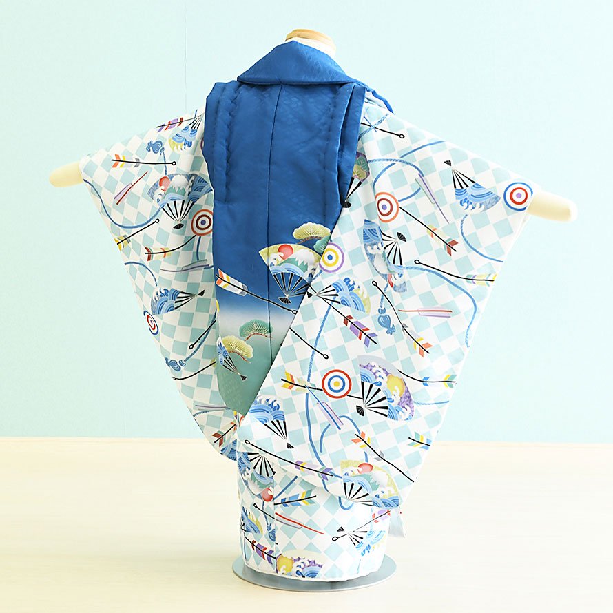 激安格安 三歳男の子着物レンタル（3M0011）水色・青/たか・矢・斜め