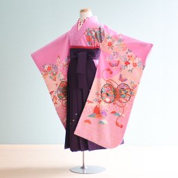 女児袴レンタル（7H0005）6〜7歳　うす紫/つづみ|紫/刺繍・桜