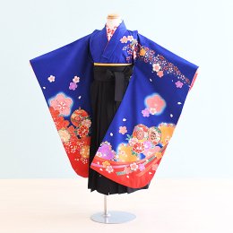 女児袴レンタル（7-27-ha_b3）6〜7歳　青/つづみ・花|黒/刺繍・桜