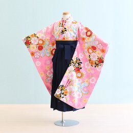 女児袴レンタル（7H0048）6〜7歳　ピンク/花|紺/刺繍・桜