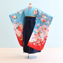 女児袴レンタル（7H0011）6〜7歳　水色/花|紺/刺繍・桜