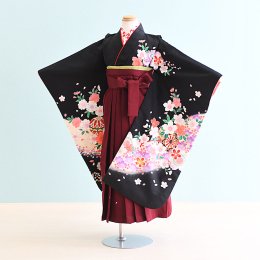 女児袴レンタル（7-32-ha_e9）6〜7歳　黒/まり・桜|エンジ/刺繍・桜