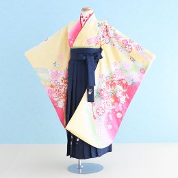 女児袴レンタル（7-53-ha_k8）6〜7歳　クリーム・ピンク/花・まり|紺/刺繍・桜