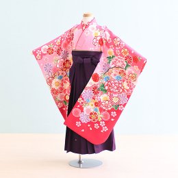 女児袴レンタル（7H0054）6〜7歳　濃いピンク/花|紫/刺繍・桜