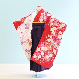 女児袴レンタル（7H0055）6〜7歳　赤×白/花|紫/刺繍・桜