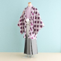 成人式男性袴レンタル（DH0051）6号　赤紫×紫|白×黒・菱紋