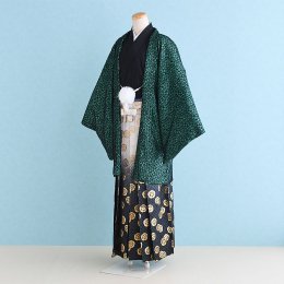 成人式男性袴レンタル（DH0054）6号　緑黒×黒|白×黒・金/紋