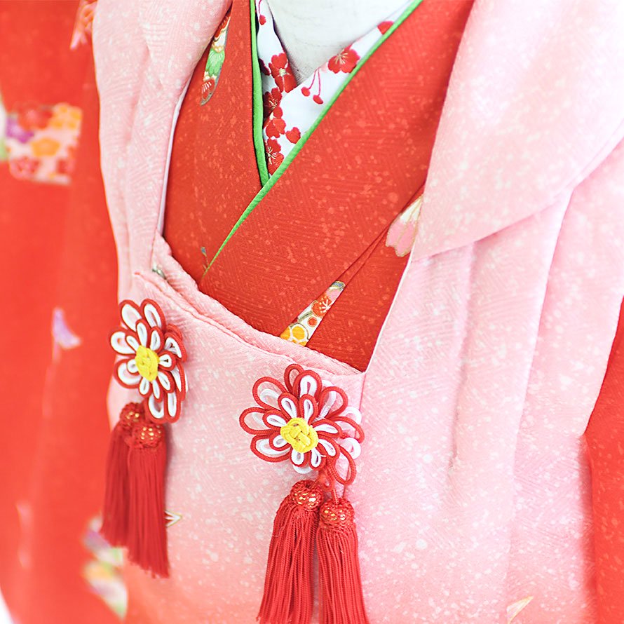 激安格安 七五三着物三歳女の子レンタル（3-73）赤・ピンク/折り鶴 
