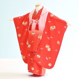 七五三着物三歳女の子レンタル（3-73）赤・ピンク/折り鶴・古典
