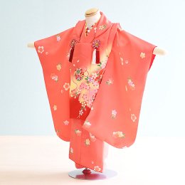 七五三着物三歳女の子レンタル（3-74）サーモンピンク/桜・まり