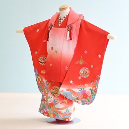 七五三着物三歳女の子レンタル（3-75）赤・ピンク/花・まり・古典
