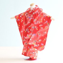 七五三着物三歳女の子レンタル（3-78）赤×ピンク/梅・熨斗