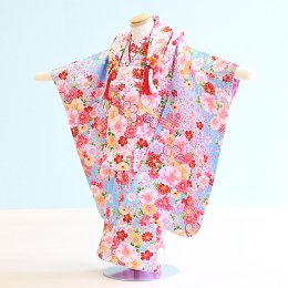 七五三着物三歳女の子レンタル（3-82）水色・白/桜・花
