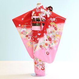 七五三着物七歳女の子レンタル（7-68）赤×ピンク/花・松・古典