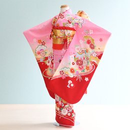 七五三着物七歳女の子レンタル（7-69）ピンク×赤/花・松・古典