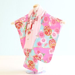 七五三着物三歳女の子レンタル（3-85）ピンク×水色・薄いピンク/桜・まり
