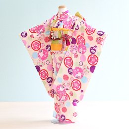 七五三着物七歳女の子レンタル（7-73）薄いクリーム/花・まり・うさぎ