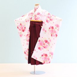 女児袴レンタル（7H0065）6〜7歳　白/花|エンジ/刺繍・桜