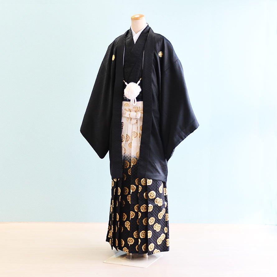 激安格安 卒業式男性袴レンタル（DH0073）6号 黒|白・金/ぼかし・紋