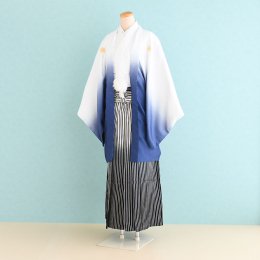 成人式男性袴レンタル（DH0074）6号　白・青/ぼかし|白・黒/ぼかし・縞