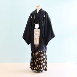 成人式男性袴レンタル（DH0077）7号　黒|黒・白・銀/ぼかし・紋