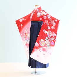 女児袴レンタル（7H0066）6〜7歳　赤・ピンク・白/桜|紺/刺繍・桜