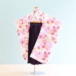 女児袴レンタル（7-64-ha_m10）6〜7歳　白/花|紫/刺繍・桜 