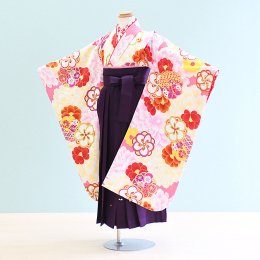 女児袴レンタル（7H0059）6〜7歳　ピンク・クリーム/花|紫/刺繍・桜　花わらべ