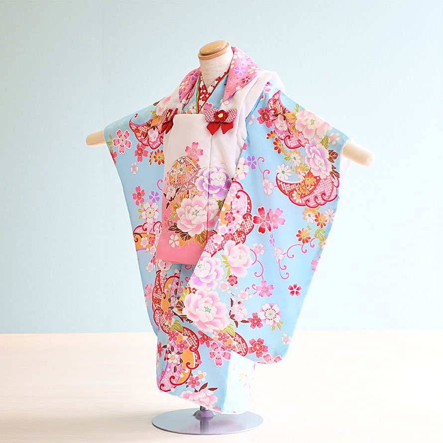 激安格安 三歳女の子着物レンタル（030099）水色・ピンク/花 - 東京 