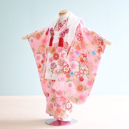 七五三着物三歳女の子レンタル（3-101）ピンク・白/花　From KYOTOフロム京都