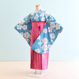 女児ジュニア袴レンタル（JG-23）12〜13歳　水色/梅|ピンク/刺繍・桜