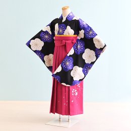 女児ジュニア袴レンタル（JG-31）12〜13歳　黒/梅|ピンク/刺繍・桜
