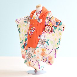 七五三着物三歳女の子レンタル（3-109）クリーム・オレンジ/花　