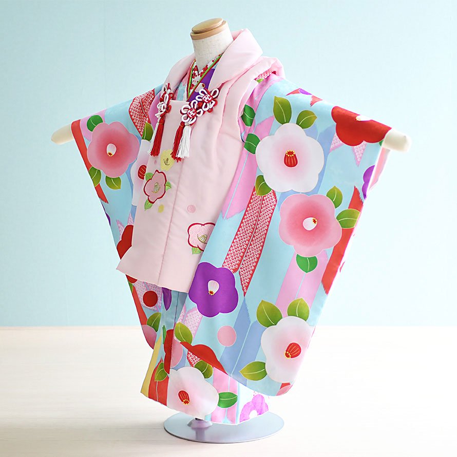 激安格安 七五三着物三歳女の子レンタル 3 112 水色 ピンク 花 花ひめ 東京レンタルいしょう