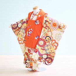 三歳女の子着物レンタル（030117）クリーム・オレンジ/花　