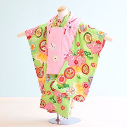 七五三着物三歳女の子レンタル（030124）黄緑・ピンク/花・松　式部浪漫