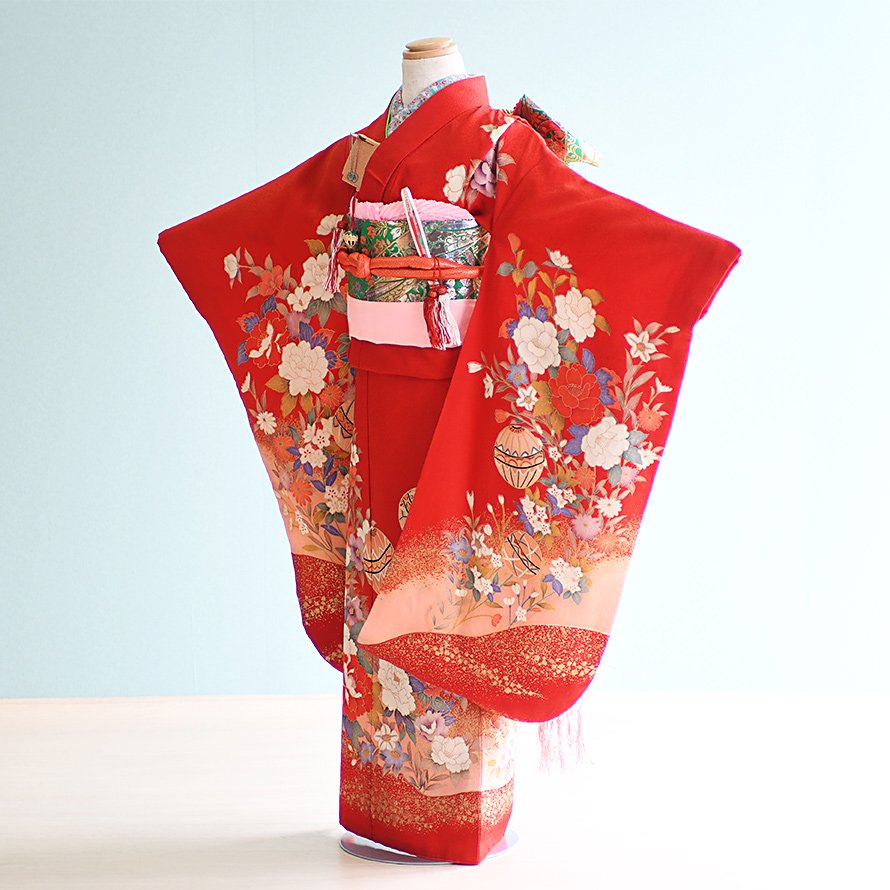 激安格安 七歳女の子着物レンタル（07A007）赤/まり・牡丹 - 東京 