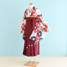 卒業袴レンタル（SF0037）M寸　白・赤・グレー・黒/牡丹|エンジ/刺繍・桜