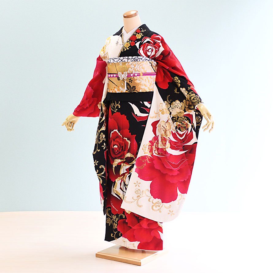 激安格安 成人式振袖レンタル（FS0279）黒×白・赤/バラ - 東京レンタル 